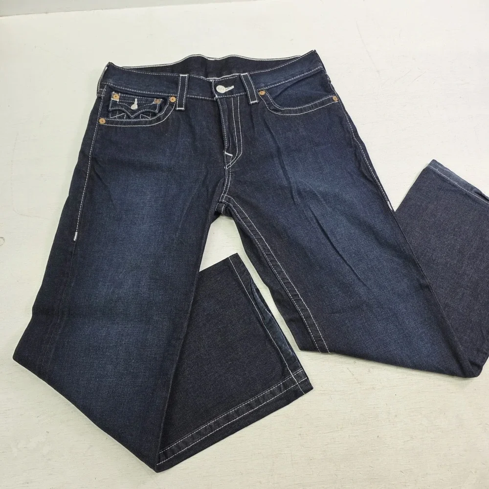 True Religion Jeans Men's 34x28 World Tour Boot Cut Dark Wash Thick Stitch EUC